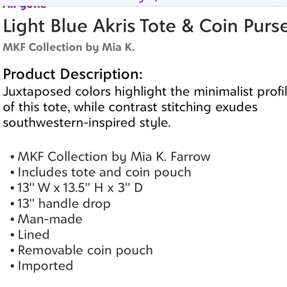 MKF Collection by Mia K-LAST ONE!!Light Blue Akris tote with coin purse bag-NWT - Picture 6 of 6